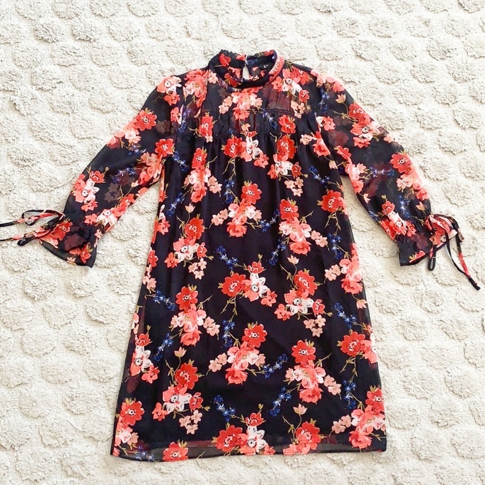 Express floral ruffle neck mini dress